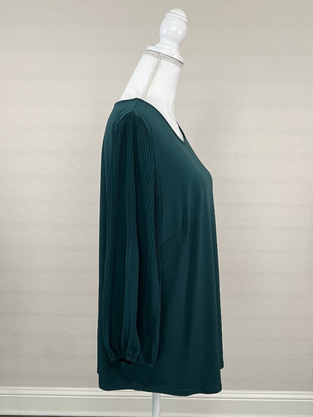 Adrianna Papell Plus Size 1X Dark Green Pullover Blouse Top 3/4 Balloon Sleeves - Picture 2 of 10